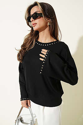 Zımba Yakalı Basic Bluz Siyah - Kadın Giyim Modelleri