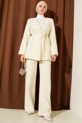 Zımbalı Ceketli Tencel İkili Takım Bej - HEWES