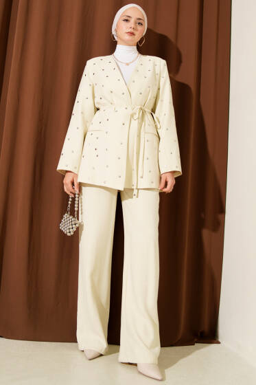 Zımbalı Ceketli Tencel İkili Takım Bej - İkili Takım