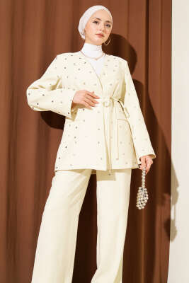 Zımbalı Ceketli Tencel İkili Takım Bej - İkili Takım