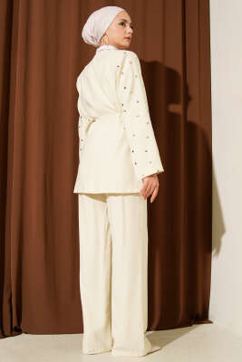 Zımbalı Ceketli Tencel İkili Takım Bej - İkili Takım