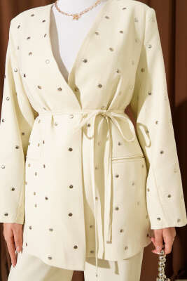 Zımbalı Ceketli Tencel İkili Takım Bej - İkili Takım