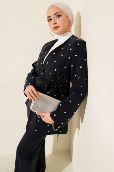 Zımbalı Ceketli Tencel İkili Takım Lacivert - İkili Takım