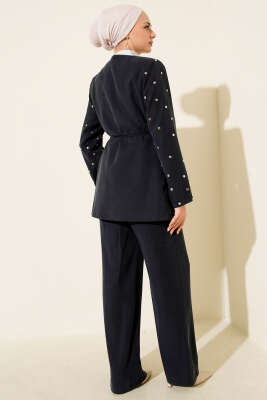 Zımbalı Ceketli Tencel İkili Takım Lacivert - İkili Takım