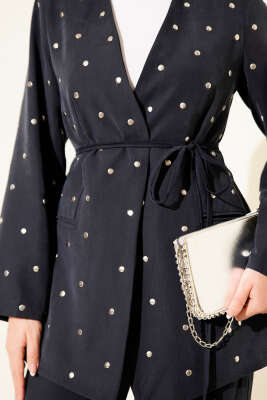 Zımbalı Ceketli Tencel İkili Takım Lacivert - İkili Takım