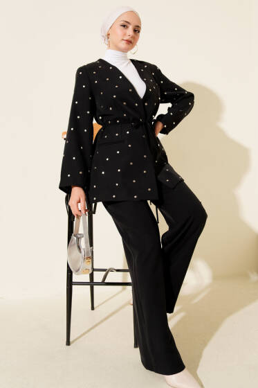 Zımbalı Ceketli Tencel İkili Takım Siyah - İkili Takım