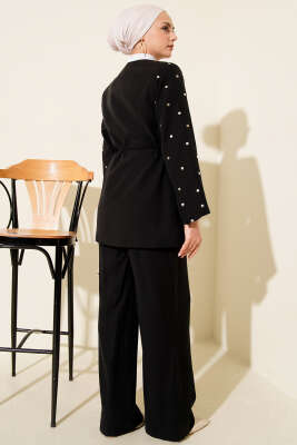 Zımbalı Ceketli Tencel İkili Takım Siyah - İkili Takım