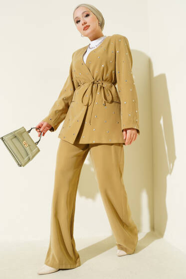 Zımbalı Ceketli Tencel İkili Takım Yağ Yeşili - İkili Takım