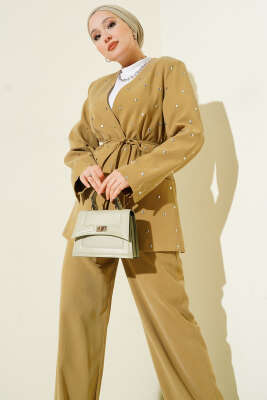 Zımbalı Ceketli Tencel İkili Takım Yağ Yeşili - İkili Takım