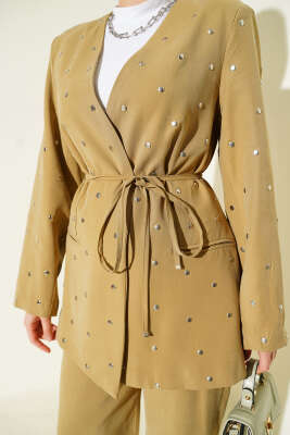 Zımbalı Ceketli Tencel İkili Takım Yağ Yeşili - İkili Takım