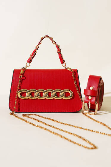 Zincir Aksesuarlı Mini Bel Çantası Kırmızı - Bel Çantası