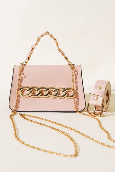 Zincir Aksesuarlı Mini Bel Çantası Pudra - Bel Çantası
