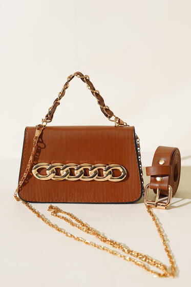 Zincir Aksesuarlı Mini Bel Çantası Taba - Bel Çantası