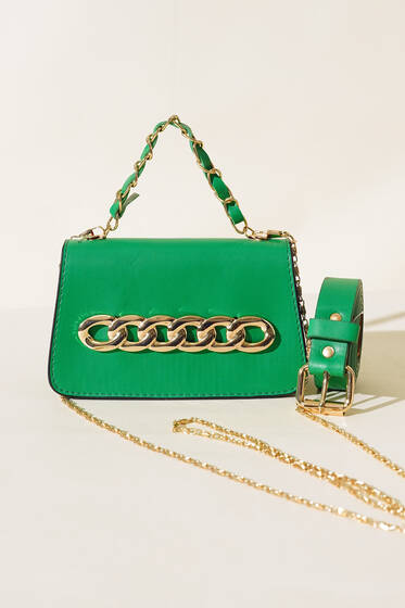 Zincir Aksesuarlı Mini Bel Çantası Yeşil - Bel Çantası