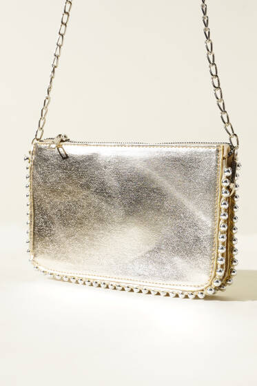 Zincir Askılı Zımbalı Çanta Gold - Kol Çantası