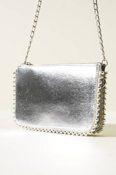 Zincir Askılı Zımbalı Çanta Gümüş - Kol Çantası