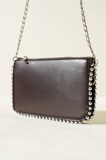 Zincir Askılı Zımbalı Çanta Kahve - Kol Çantası