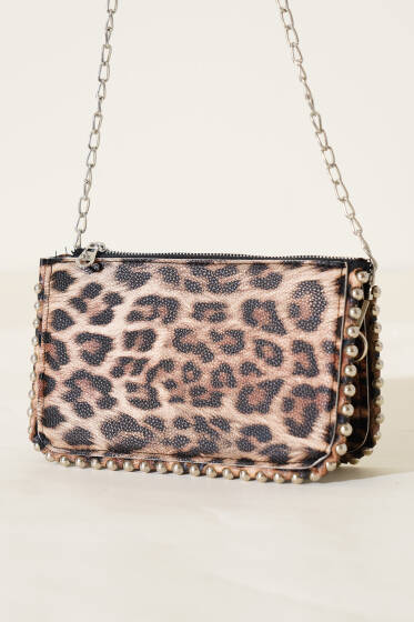 Zincir Askılı Zımbalı Çanta Leopar - Kol Çantası