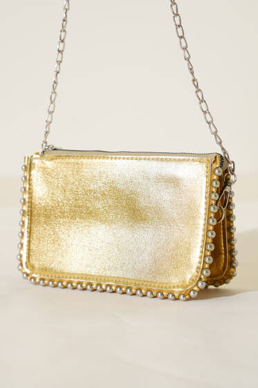 Zincir Askılı Zımbalı Çanta Sarı - Kol Çantası