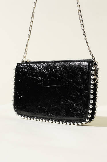 Zincir Askılı Zımbalı Çanta Siyah Rugan - Kol Çantası