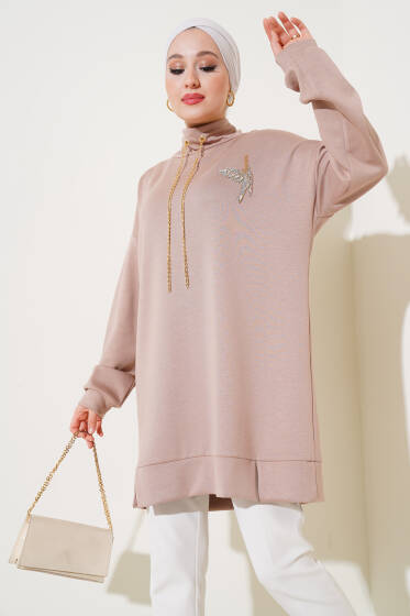 Zincir Bağcıklı Kuş Detaylı Tunik Latte - Tunik