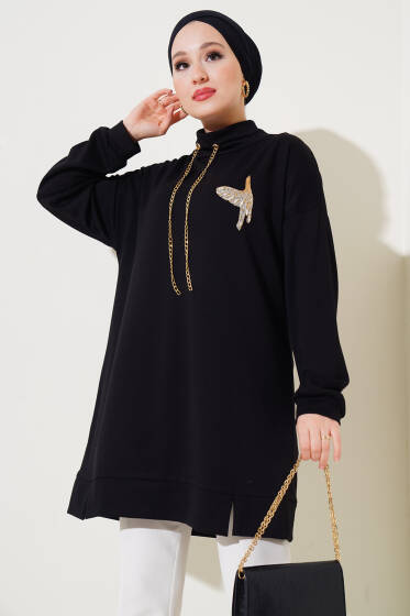 Zincir Bağcıklı Kuş Detaylı Tunik Siyah - Tunik