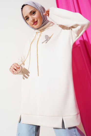 Zincir Bağcıklı Kuş Detaylı Tunik Taş - Tunik