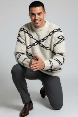 Zincir Desen Örme Triko Erkek Kazak Krem 