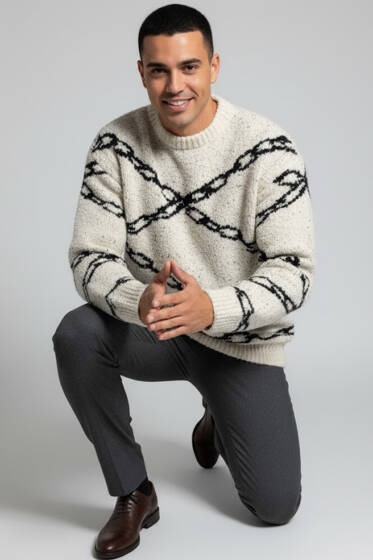 Zincir Desen Örme Triko Erkek Kazak Krem - Erkek Kazak