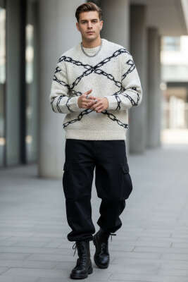 Zincir Desen Örme Triko Erkek Kazak Krem - Erkek Kazak