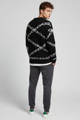 Zincir Desen Örme Triko Erkek Kazak Siyah - Erkek Kazak