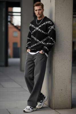 Zincir Desen Örme Triko Erkek Kazak Siyah - Erkek Kazak