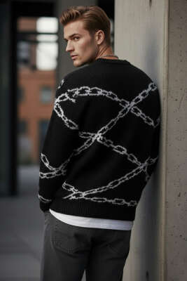 Zincir Desen Örme Triko Erkek Kazak Siyah - Erkek Kazak