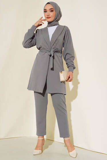 Zincir Detay Ceket İkili Takım Gri - İkili Takım