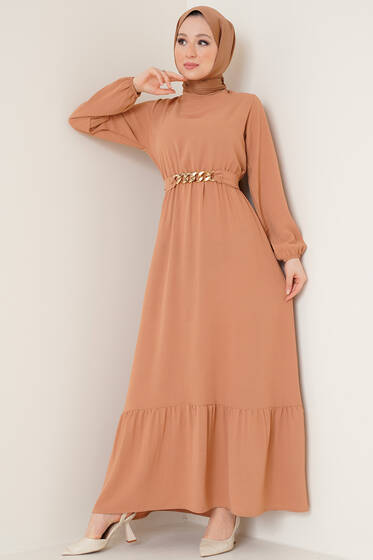 Zincir Detay Kuşaklı Ayrobin Elbise Camel - Tesettür Elbise