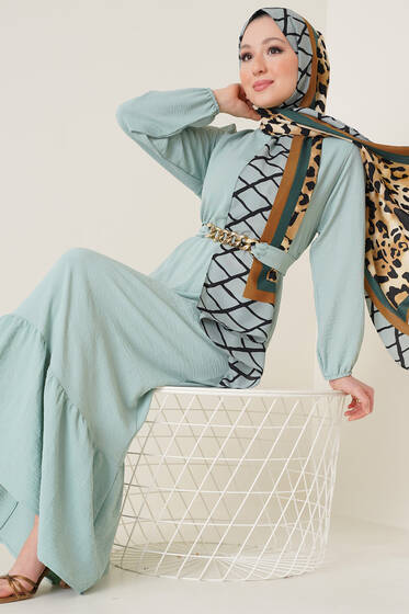 Zincir Detay Kuşaklı Ayrobin Elbise Mint - Tesettür Elbise