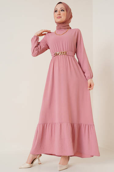 Zincir Detay Kuşaklı Ayrobin Elbise Pudra - Tesettür Elbise