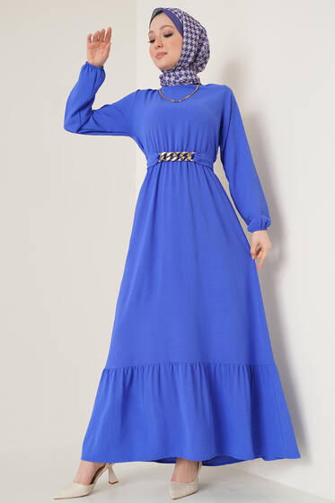 Zincir Detay Kuşaklı Ayrobin Elbise Saks - Tesettür Elbise