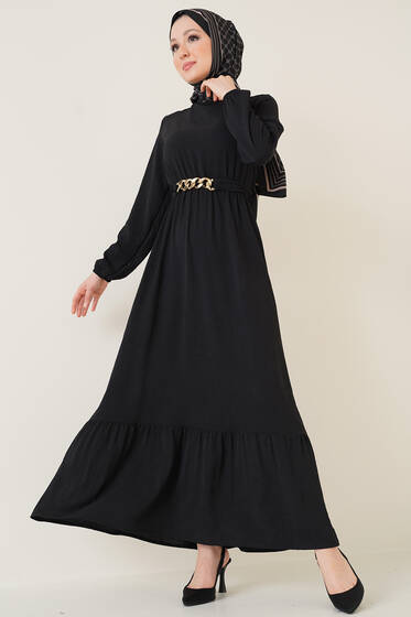 Zincir Detay Kuşaklı Ayrobin Elbise Siyah - Tesettür Elbise