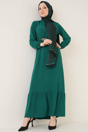 Zincir Detay Kuşaklı Ayrobin Elbise Zümrüt - Tesettür Elbise