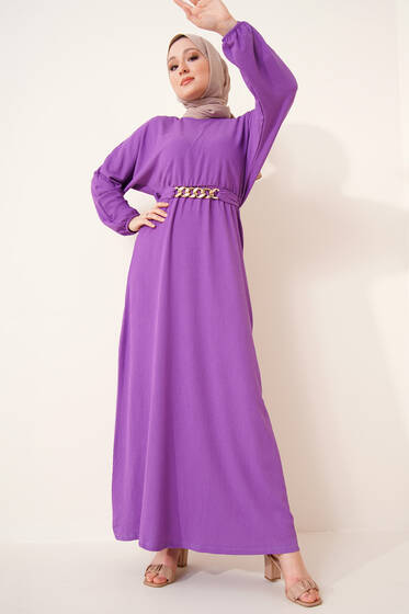 Zincir Detay Kuşaklı Bürümcük Elbise Lila - Tesettür Elbise