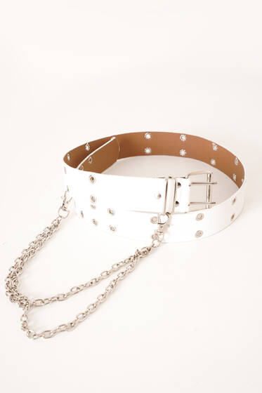 Zincir Detaylı Çift Delikli Beyaz Kemer - Deri Kemer