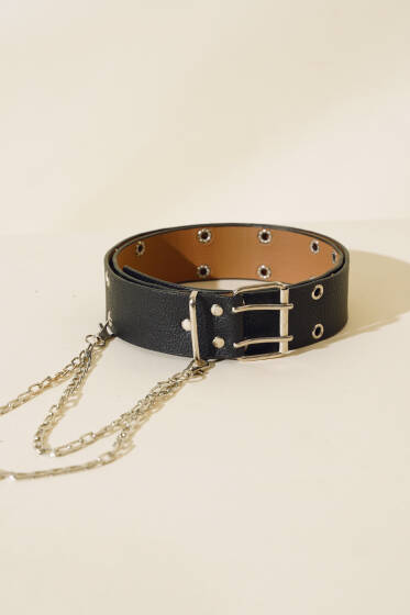 Zincir Detaylı Çift Delikli Siyah Kemer - Deri Kemer