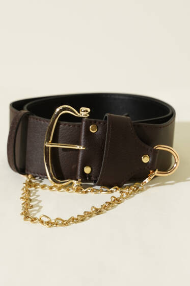 Zincir Detaylı Kalın Kemer Acı Kahve - Deri Kemer