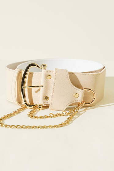 Zincir Detaylı Kalın Kemer Bej - Deri Kemer