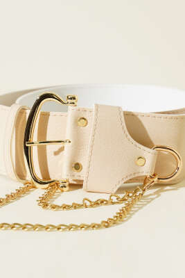 Zincir Detaylı Kalın Kemer Bej - Deri Kemer