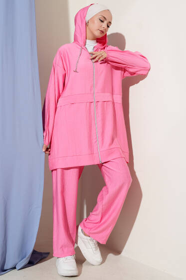 Zincir Detaylı Kapüşonlu İkili Takım Pembe - İkili Takım