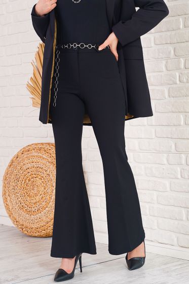 Zincir Kemerli İspanyol Paça Siyah Pantolon - Pantolon