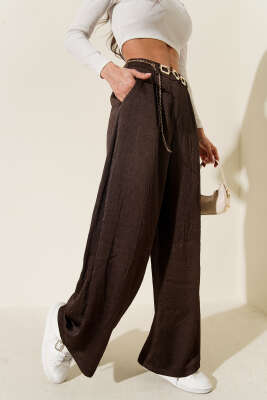 Zincir Kemerli Kırışık Saten Pantolon Kahve - QUZU