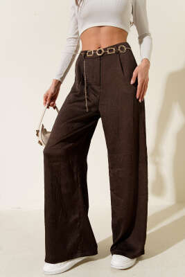 Zincir Kemerli Kırışık Saten Pantolon Kahve - Kadın Giyim Modelleri